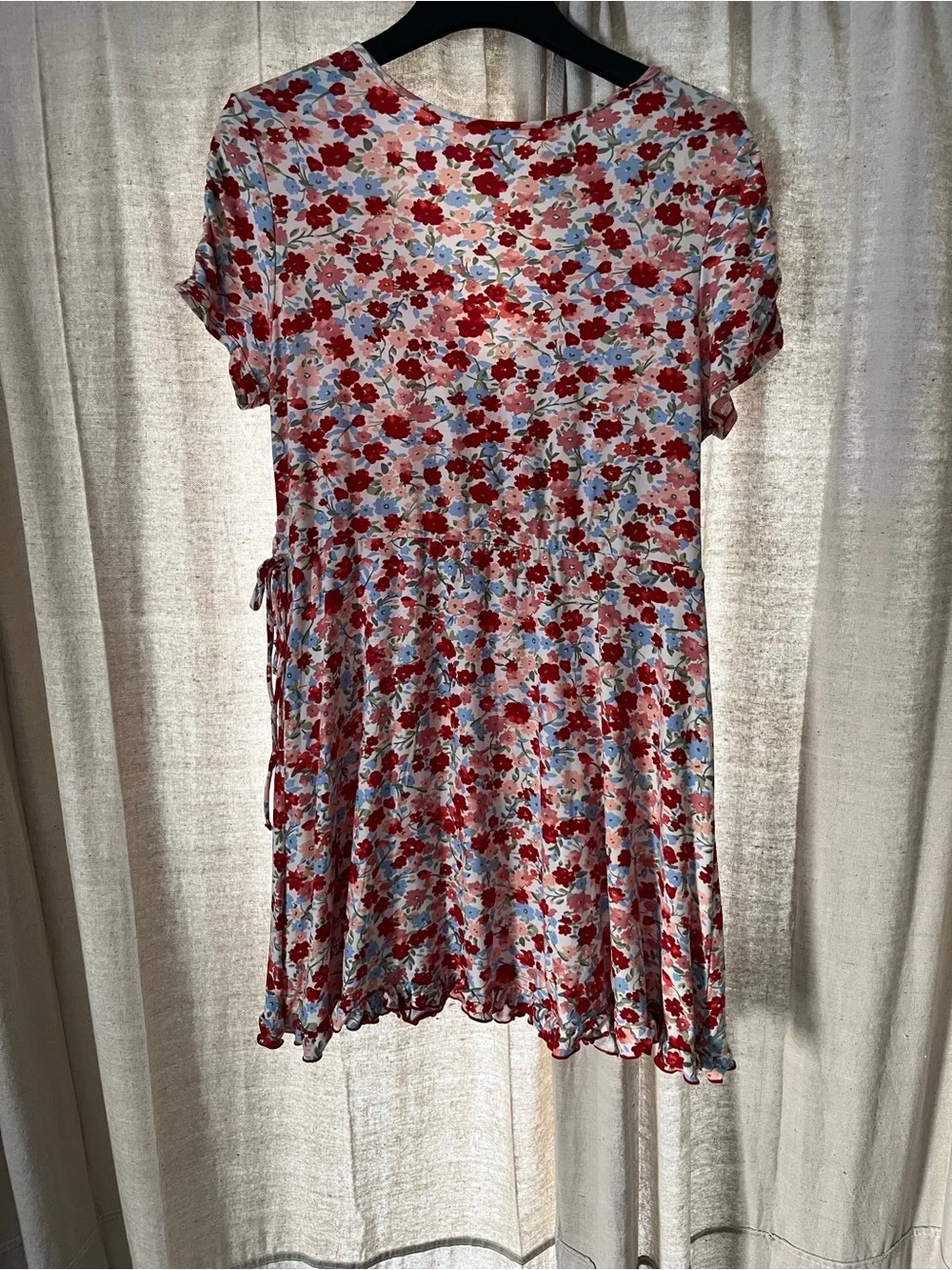 No Boundaries Red & Blue Floral Wrap Mini Dress - Picture 2 of 4
